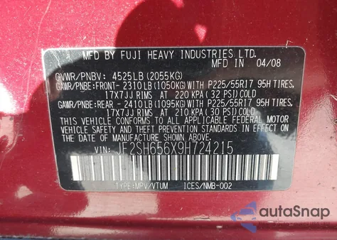 2009 Subaru Forester 2.5Xt z USA, uszkodzony, nr VIN JF2SH656X9H724215